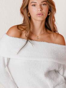 Aralina Cosy Off-Shoulder White Knit Holiday Sweater - White - View 3