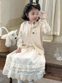 DAZY Young Girl Sleeveless Cardigan Sweater Set, Spring/Summer - White - View 6