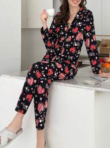 RueChic 2pcs Suede Button Front With Contrast Colour Slogan&Heart Printed Homewear Set - Black - View 5