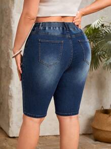SHEIN Essnce Plus Drawstring Waist Denim Shorts - Dark Wash - View 2
