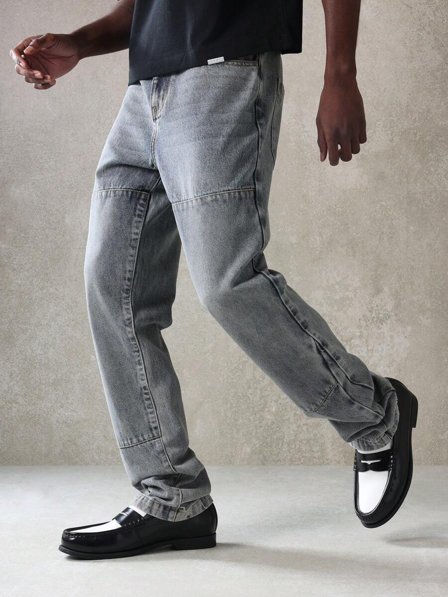 SUMWON 设计师款双膝喇叭牛仔裤经典工作服实用牛仔裤宽版宽松街头休闲裤秋冬时尚 - 藍色 - 查看 1