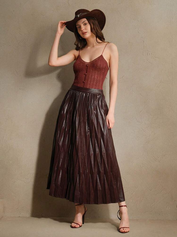 Saia Feminina de Couro PU com Zíper Invisível Plissado em Forma de Losango, de Alta Moda, Ideal para Festivais, Passeios e Férias