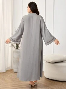 Al Najma Plus Size Women's Splice Ribbon Trim Loose Long Sleeve Traditional Arabic Style Dress, Modest Kaftan - Grey - View 2