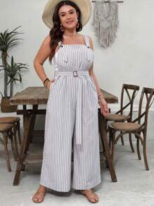 SHEIN VCAY 大码海岛度假条纹口袋阔腿连体裤，休闲宽松腰带连体衣