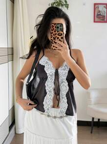 Chiquease Áo ba lỗ vải dệt màu đen trắng gợi cảm cho nữ, mùa xuân/hè, phối ren, màu tương phản, ngực trước, dây đeo chéo, hở lưng - màu đen - Xem 6