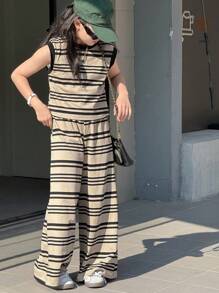 Dazy Kids 青少年女孩撞色条纹背心和裤子两件套，返校服装