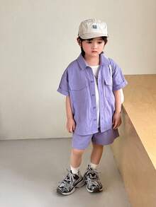 SHEIN 2 peças Conjunto Jovem Menino Roxo Top de Manga Curta com Impressão de Letra Fofa e Top de Manga Curta e Shorts de Cor Sólida, Adequado para Primavera/Verão, Festa - Roxo - Visão 7