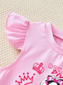 2pcs/Set Girl Letter & Cartoon Graphic Round Neck Cap Sleeve Top With Mesh Skirt - Pink - View 3