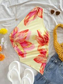 Soleia 女士春季休闲花卉印花露肩修身不对称不对称肩部衬衫上衣 - 黃色 - 查看 4