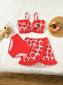 SHEIN Young Girls Bikini Sets Swimsuits Cute Strawberry Digital Print Three Pieces Girls Swimsuit Bikini Set With Mermaid Skirt Design Polyester Fabric Suitable For Summer Trips To The Beach And Pool - Red - View 3