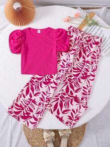 SHEIN 少女纯色圆领短上衣和印花编织长裤 2 件套