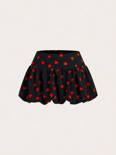 SHEIN EZwear 大码女式心形印花荷叶边及膝半身裙，情人节款