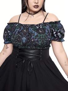 ROMWE Goth Bộ đồ liền thân in họa tiết hở vai tay loe viền bất đối xứng cỡ lớn cho nữ, thích hợp mặc đi biển và đi nghỉ - Nhiều màu - Xem 7