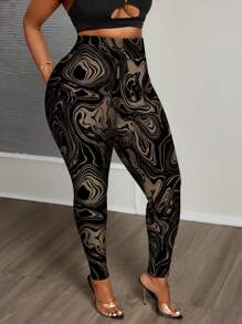 Slaydiva Plus Size Vintage Pattern Slim Leggings, Casual Minimalist Style Suitable For Summer - Multicolor - View 5