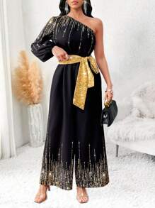 Lyxana 肩部镂空收腰闪亮印花连体裤 - 黑色 - 查看 5