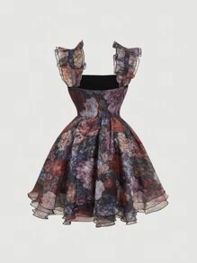 SHEIN MOD Plus Size V-Neck Front Tie Waist Ruffle Hem Floral Print Mesh High-Low Dress - Multicolor - View 2