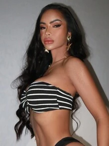 SHEIN Swim Summer Spring Vacation Outfits Woman Striped Bikini Top