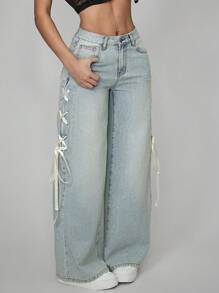SHEIN PETITE Women's Solid Color Patchwork Front Button Pocket Casual Jeans