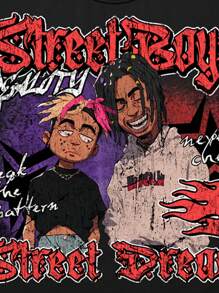 ROMWE MEN Street Life 1pc Men's Street Hip Hop Figure Loose Cropped Print T-Shirt Set - Black - View 4