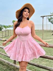 Flirla 大码女式休闲度假可爱甜美粉色水钻腰部可调节肩带连衣裙，春夏