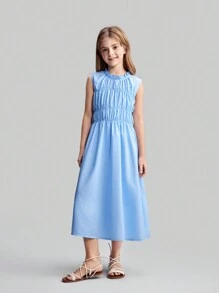 Ontre Tween Girl 极简主义高端褶皱度假时尚休闲宽松舒适杏色无袖连衣裙，简约风格，适合春夏季 - 淺藍色 - 查看 4