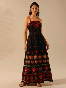 CAJUNI Women's Boho Tropical Leopard, Turtle Back Bamboo, Devil's Eye, Snake And Bird Print, Halter Black Ultra Long Dress, Summer Casual, Beach Holiday Dress - Multicolor - View 7