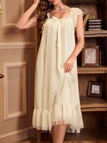 PalaceNights Romantic Ruffle Bow Decor Square Neck Mesh Strap Nightgown Babydoll Luxe Loungewear, Moo Moo