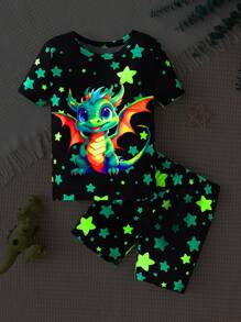 2 pièces Ensemble de pyjama short et t-shirt à manches courtes pour garçon, imprimé qui brille dans le noir, coupe ajustée