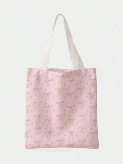 Fairycore 1 قطعة شنطة كانفاس ذات وجهين مطبوع عليها فيونكة وردية جميلة