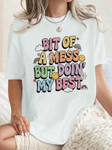 INAWLY Bit Of A Mess But Doin My Best Colorful Smiling Face Graphic Loose Fit Crew Neck Short Sleeve T-Shirt For Women