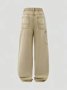 Denimly Khaki Baggy Jeans -Teen Teen Boy Denim Wear- Casual Daily Urban Street Elastic Waistband Baggy Jeans,Khaki Denim. - Khaki - View 5