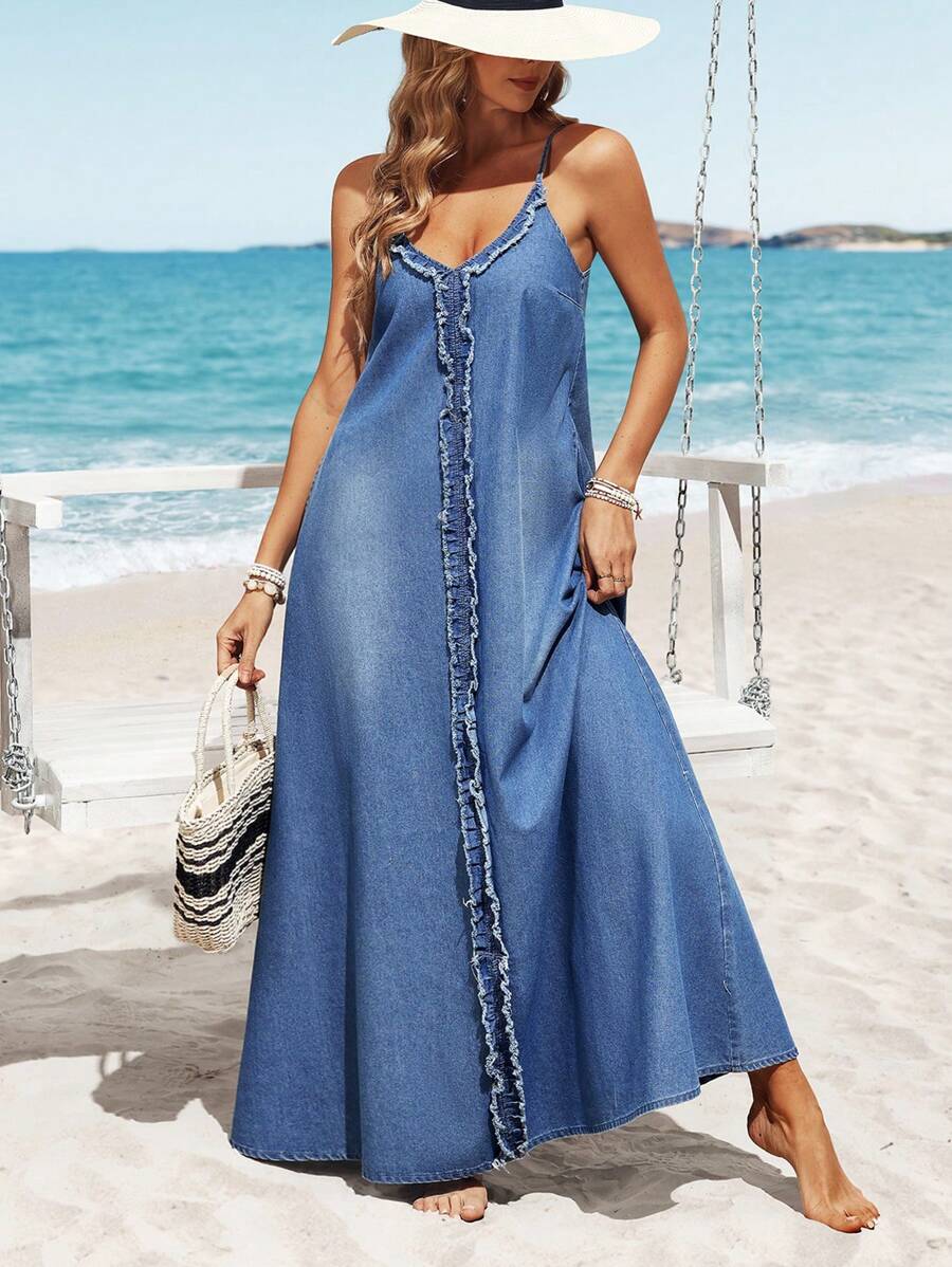 Breezaya Vestido vaquero casual largo y suelto con flecos para mujer - Azul - Ver 1