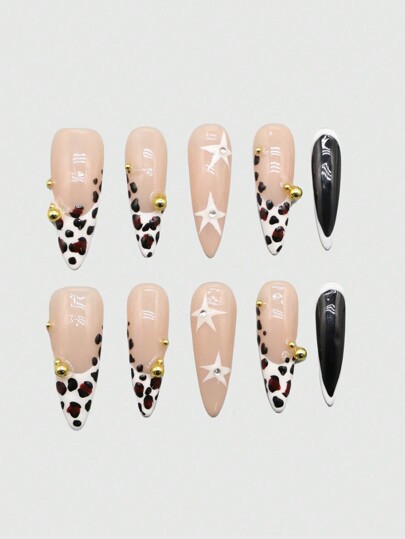 Grunge Punk 10pcs Y2K Style Leopard Pattern Handmade High Quality False Nails + 3 Sheets Double-Sided Adhesive, Y2K Gothic Nail Art, Removable Contrast Color Handpainted Nail Stickers, Suitable For Holiday Parties, Dancing And Daily Wear, Halloween
