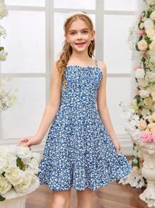 Fern Glow  Tween Girls Elegant Ditsy Floral Camisole Dress, Summer Vacation - Blue - View 3