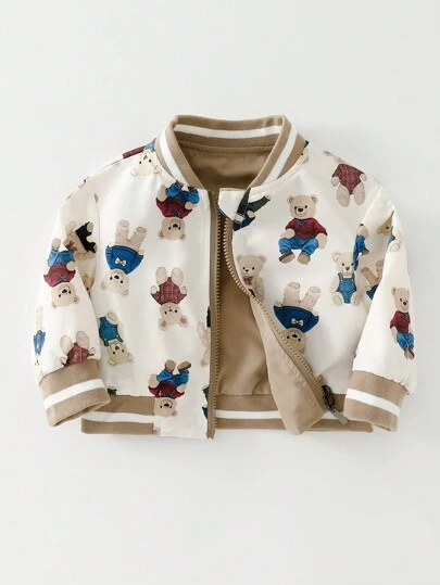 SHEIN Playful Pals Áo khoác có dây kéo hai mặt họa tiết gấu dễ thương họa tiết sọc Colorblock cho bé trai