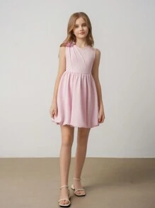 Tween Girl' Solid V-Neck Sleeveless Pleated One Shoulder Floral Waist A-Line Short Simple Formal Dress, Elegant Suitable For Flower Girl, Bridesmaid Wedding