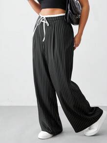 SHEIN BASICS Plus Size Solid Color Woven Casual Wide Leg Pants - Black - View 5