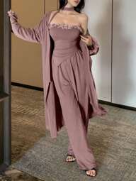 DAZY مجموعة من 3 قطع: روب فضفاض مزين بزهور ثلاثية الأبعاد رومانسية، توب بوستييه بحافة غير متماثلة وبنطلون ذو ساق واسعة، ملابس منزلية مريحة للخريف والشتاء