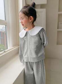 DAZY 2 件套年轻女孩纯色拼接前拉链长袖上衣和裤子套装