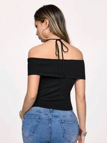 ROMWE 女士露肩褶皱针织毛衣 - 黑色 - 查看 2