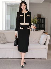 DAZY 2pcs Women Contrast Color Cardigan And Skirt Knitted Sweater Set,Fall Women Clothes - Black - View 6