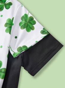 SHEIN 2 件套年轻男孩四叶草圣帕特里克节印花 T 恤，圆领短袖针织，休闲日常百搭图案 T 恤，春夏季，适合外出、家居服、圣帕特里克节、拍照 - 綠色 - 查看 5