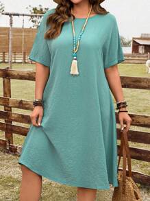 EMERY ROSE Plus Size Women's Teal Summer Boho Casual Vacation Dress,Solid Color Textured Western Wear,Green Holiday Decor,Saint Patrick's Day Outfits Woman - Mint Blue - View 3