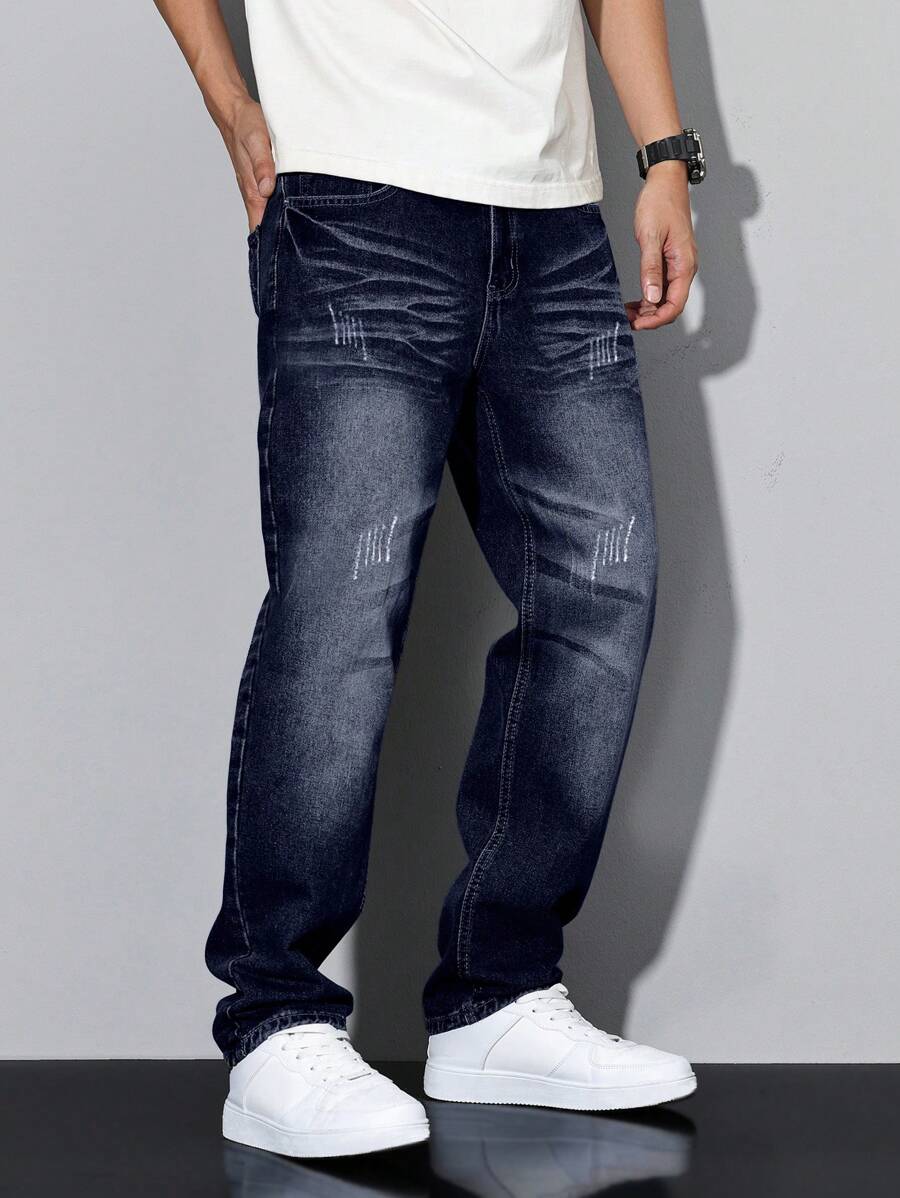Manfinity Homme Men's Loose Straight Leg Casual Jeans With Pockets - Dark Wash - View 1