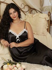 Plus Size Satin Lace Trim Spaghetti Strap Pajama Set - Black - View 6
