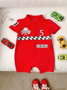 SHEIN Baby Boy/Girl Letter Pattern Soft Knit Short Sleeve Romper & Shorts Set - Red - View 7