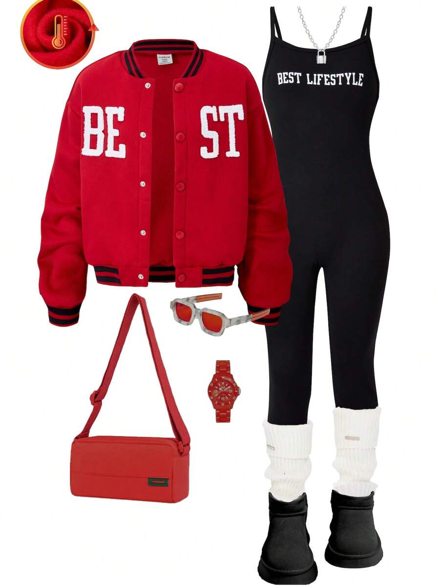 SHEIN Explorewe 2pcs/Set Tween Girl Solid Color Splice Front Button Long Sleeve Simple Blouse And Jumpsuit Set - Red - View 1