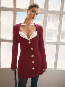 SHEIN Unity 女士黑白撞色 U 领金属纽扣长袖紧身迷你连衣裙，适合工作、办公室、博主风格