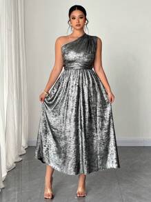 SHEIN Unity Plus Size Women Metal Pleated Asymmetrical Shoulder Solid Color Party Dress - Grey - View 5