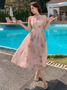 DAZY 中式印花立领拼接中长连衣裙，适合女性度假、邮轮旅行等场合，也可作为复活节服装穿着。 - 粉色 - 查看 7